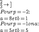\rm \white \left[-2,25;p;\frac{2}{3}\right]\\Pour p = -2 :\\a = 8 et b = 1 \\Pour p = -1 on a : \\ a = 5 et b=5