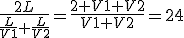 \frac{2L}{\frac{L}{V1}+\frac{L}{V2}}=\frac{2 V1 V2}{V1+V2}=24