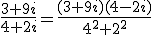 \frac{3+9i}{4+2i}=\frac{(3+9i)(4-2i)}{4^2+2^2}