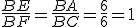 \frac{BE}{BF}=\frac{BA}{BC}=\frac{6}{6}=1