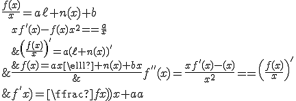 5$\fbox{f\in ker\varphi\;\Longleftrightarrow\;(\forall x>0)\;,\;f^{''}(x)=\frac{xf^'(x)-f(x)}{x^2}=\left(\frac{f(x)}{x}\right)^'\\\;\;\;\;\;\;\;\;\;\Longleftrightarrow\;(\exists a\in\mathbb{R})\;(\forall x>0)\;,\;f^{'}(x)=\frac{f(x)}{x}+a\\\;\;\;\;\;\;\;\;\;\Longleftrightarrow\;(\exists a\in\mathbb{R})\;(\forall x>0)\;,\;\frac{xf^'(x)-f(x)}{x^2}=\frac{a}{x}\\\;\;\;\;\;\;\;\;\;\Longleftrightarrow\;(\exists a\in\mathbb{R})\;(\forall x>0)\;,\;\left(\frac{f(x)}{x}\right)^'=a(\ell n(x))^'\\\;\;\;\;\;\;\;\;\;\Longleftrightarrow\;(\exists a\in\mathbb{R})\;(\exists b\in\mathbb{R})\;(\forall x>0)\;,\;\frac{f(x)}{x}=a\ell n(x)+b\\\;\;\;\;\;\;\;\;\;\Longleftrightarrow\;(\exists a\in\mathbb{R})\;(\exists b\in\mathbb{R})\;(\forall x>0)\;,\;f(x)=ax\ell n(x)+bx}