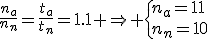 \frac{n_a}{n_n}=\frac{t_a}{t_n}=1.1 \Rightarrow \{n_a=11\\n_n=10