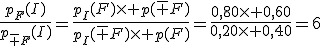 \frac{p_F(I)}{p_{\bar F}(I)}=\frac{p_I(F)\times p(\bar F)}{p_I(\bar F)\times p(F)}=\frac{0,80\times 0,60}{0,20\times 0,40}=6