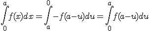 \int\limits_0^af(x)dx=\int\limits_a^0-f(a-u)du=\int\limits_0^af(a-u)du