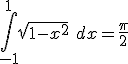 \int_{-1}^1 \sqrt{1-x^2}\ dx = \frac{\pi}{2} 