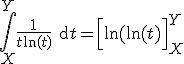 \int_{X}^{Y} \frac{1}{t\text{ln}(t)} \text{d}t = \Big[\text{ln}(\text{ln}(t)\Big]_{X}^{Y}