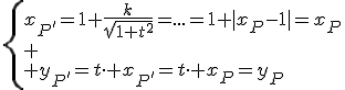 \left\{x_{P'}=1+\frac{k}{\sqrt{1+t^2}}=...=1+|x_P-1|=x_P\\
 \\ y_{P'}=t\cdot x_{P'}=t\cdot x_P=y_P\right.