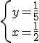 \left{\array{y=\frac{1}{5}\\x=\frac{1}{2}}