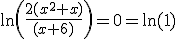 \ln\(\frac{2(x^2+x)}{(x+6)}\)=0=\ln(1)
