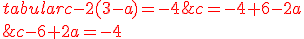 \red\begin{tabular}c-2(3-a)=-4&\Longleftrightarrow&c-6+2a=-4\\&\Longleftrightarrow&c=-4+6-2a\\&\Longleftrightarrow&c=2-2a\end{tabular}