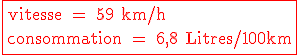\red \rm \fbox {vitesse = 59 km/h \\consommation = 6,8 Litres/100km} 