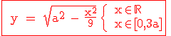 \red \rm \large \fbox{ y = \sqrt{a^2 - \frac{x^2}{9}} \{ x\in \mathbb{R}\\ x\in [0,3a]} 