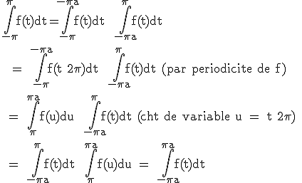 \rm\int_{-\pi}^{\pi}f(t)dt=\int_{-\pi}^{-\pi+a}f(t)dt+ \int_{-\pi+a}^{\pi}f(t)dt\\ \\  = \int_{-\pi}^{-\pi+a}f(t+2\pi)dt+ \int_{-\pi+a}^{\pi}f(t)dt (par periodicite de f)\\ \\ = \int_{\pi}^{\pi+a}f(u)du+ \int_{-\pi+a}^{\pi}f(t)dt (cht de variable u = t+2\pi) \\ \\ = \int_{-\pi+a}^{\pi}f(t)dt +\int_{\pi}^{\pi+a}f(u)du = \int_{-\pi+a}^{\pi+a}f(t)dt