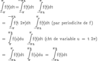\rm\int_{-\pi}^{\pi}f(t)dt=\int_{-\pi}^{-\pi+a}f(t)dt+ \int_{-\pi+a}^{\pi}f(t)dt 
 \\ 
 \\ = \int_{-\pi}^{-\pi+a}f(t+2\pi)dt+ \int_{-\pi+a}^{\pi}f(t)dt (par periodicite de f)
 \\ 
 \\ = \int_{\pi}^{\pi+a}f(u)du+ \int_{-\pi+a}^{\pi}f(t)dt (cht de variable u = t+2\pi) 
 \\ 
 \\ = \int_{-\pi+a}^{\pi}f(t)dt +\int_{\pi}^{\pi+a}f(u)du = \int_{-\pi+a}^{\pi+a}f(t)dt