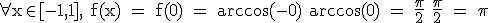 \rm \forall x\in [-1,1], f(x) = f(0) = arccos(-0)+arccos(0) = \frac{\pi}{2}+\frac{\pi}{2} = \pi