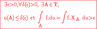 \rm \large \red \fbox{ \exist \epsilon >0,\forall \delta(\epsilon)>0, \exist A\in T, 
 \\ 
 \\ u(A)\le \delta(\epsilon) et \Bigint_A f.du=\Bigint f.X_A du>\epsilon}