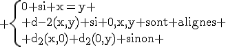 \rm \left{0 si x=y \\ d-2(x,y) si 0,x,y sont alignes \\ d_2(x,0)+d_2(0,y) sinon \right