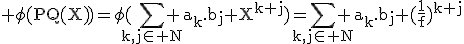 \rm \phi(PQ(X))=\phi(\Bigsum_{k,j\in N} a_k.b_j X^{k+j})=\Bigsum_{k,j\in N} a_k.b_j (\frac{1}{f})^{k+j}