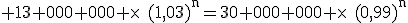 \rm 13 000 000 \times~~(1,03)^n=30 000 000 \times~~(0,99)^n