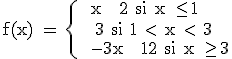 \rm f(x) = \{\ \ x + 2 si x \le 1\\ \ \ 3 si 1 < x < 3\\\ \ -3x + 12 si x \ge 3