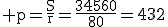 \rm p=\frac{S}{r}=\frac{34560}{80}=432