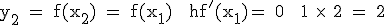 \rm y_2 = f(x_2) = f(x_1) + hf'(x_1)= 0 + 1 \times\ 2 = 2