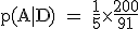 \rm~p(A|D)~=~\frac{1}{5}\times\frac{200}{91}