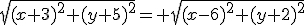\sqrt{(x+3)^2+(y+5)^2}= \sqrt{(x-6)^2+(y+2)^2}