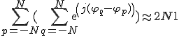 \sum^{N}_{p=-N} ( \sum^{N}_{q=-N} exp(j(\varphi_q - \varphi_p)) ) \approx 2N + 1