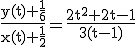 \textrm\frac{y(t)+\frac{1}{6}}{x(t)+\frac{1}{2}}=\frac{2t^2+2t-1}{3(t-1)}