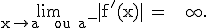 \textrm\lim_{x\to a^{+} ou a^{-}}{|f'(x)|} = + \infty.