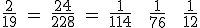 \textrm \frac{2}{19} = \frac{24}{228} = \frac{1}{114} + \frac{1}{76} + \frac{1}{12}