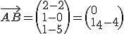 \vec{AB}=\(2-2\\1-0\\1-5\)=\(0\\1\\-4\)