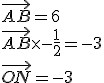 \vec{AB}= 6
 \\ \vec{AB} \times - \frac{1}{2}= -3
 \\ \vec{ON}= -3