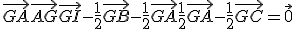 \vec{GA} + \vec{AG} + \vec{GI} - \frac{1}{2}\vec{GB} - \frac{1}{2}\vec{GA} + \frac{1}{2}\vec{GA} - \frac{1}{2}\vec{GC} = \vec{0}