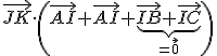 \begin{tabular}\vec{AB}\cdot\vec{JK}+\vec{AC}\cdot\vec{JK}&=&\vec{JK}\cdot\(\vec{AB}+\vec{AC}\)\\&=&\vec{JK}\cdot\(\vec{AI}+\vec{AI}+\underb{\vec{IB}+\vec{IC}}_{=\vec{0}}\)\\&=&2\vec{AI}\cdot\vec{JK}\end{tabular}