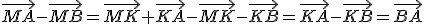 \vec{MA}-\vec{MB}=\vec{MK}+\vec{KA}-\vec{MK}-\vec{KB}=\vec{KA}-\vec{KB}=\vec{BA}