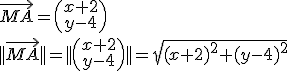\vec{MA}=\(\array{x+2\\y-4}\)\\||\vec{MA}||=||\(\array{x+2\\y-4}\)||=\sqrt{(x+2)^2+(y-4)^2}