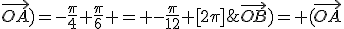 \rm (\vec{i};\vec{OB})= (\vec{OA};\vec{OB})+(\vec{i};\vec{OA})=-\frac{\pi}{4}+\frac{\pi}{6} = -\frac{\pi}{12} [2\pi]