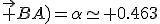 (\vec {BC};\vec {BA})=\alpha\simeq 0.463