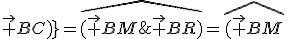 \widehat{(\vec {BM};\vec {BR})}=\widehat{(\vec {BM};\vec {BA})}+\widehat{(\vec {BA};\vec {BR})}=
 \\ \widehat{(\vec {BM};\vec {BA})}+\widehat{(\vec {BA};\vec {BC})}\widehat{(\vec {BC};\vec {BR})}=\widehat{(\vec {BM};\vec {BA})}+\widehat{(\vec {BA};\vec {BC})}+\widehat{(\vec {BN};\vec {BC})}=\widehat{(\vec {BM};\vec {BA})}+\widehat{(\vec {BA};\vec {BC})}+\widehat{(\vec {BN};\vec {BA})}+\widehat{(\vec {BA};\vec {BC})}=2\widehat{(\vec {BA};\vec {BC})}={\pi\over 2}