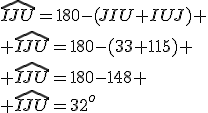 \widehat{IJU}=180-(JIU+IUJ)
 \\ \widehat{IJU}=180-(33+115)
 \\ \widehat{IJU}=180-148
 \\ \widehat{IJU}=32^o