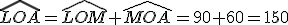 \widehat{LOA}=\widehat{LOM}+\widehat{MOA}=90+60=150