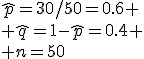 \widehat{p}=30/50=0.6 \\ \widehat{q}=1-\widehat{p}=0.4 \\ n=50