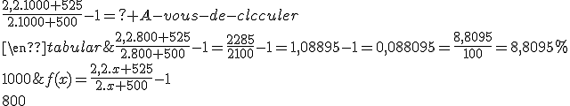 \begin{tabular}{|c|c|}{x}&{f(x)=\frac{2,2.x+525}{2.x+500}-1}\\{800}&{\frac{2,2.800+525}{2.800+500}-1}=\frac{2285}{2100}-1=1,08895-1=0,088095=\frac{8,8095}{100}=8,8095%\\{1000}&{\frac{2,2.1000+525}{2.1000+500}-1}={? A-vous-de-calculer}\\\end{tabular}