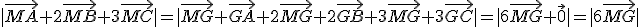 |\vec{MA}+2\vec{MB}+3\vec{MC}|=|\vec{MG}+\vec{GA}+2\vec{MG}+2\vec{GB}+3\vec{MG}+3\vec{GC}|=|6\vec{MG}+\vec{0}|=|6\vec{MG}|
