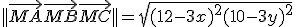 || \vec{MA} + \vec{MB} + \vec{MC} || = \sqr{(12-3x)^2+(10-3y)^2} 