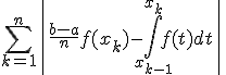 \array{ccl$\|{S_n - \Bigint_a^b f(t) dt} \| & \le & \Bigsum_{k=1}^n \| { \frac {b-a} n f(x_k) - \Bigint_{x_{k-1}}^{x_{k}} f(t) dt } \| \\ & \le & \Bigsum_{k=1}^n \| {\Bigint_{x_{k-1}}^{x_{k}} (x-x_{k-1})f^'(t) dt } \| \\ & \le & \Bigsum_{k=1}^n \Bigint_{x_{k-1}}^{x_{k}} \| {(x-x_{k-1})f^'(t) } \| dt \\ & \le & \Bigsum_{k=1}^n \sup{\|f^'\|}\Bigint_{x_{k-1}}^{x_{k}} (x-x_{k-1}) dx \\ & \le & \Bigsum_{k=1}^n \sup{\|f^'\|} \( { \frac 1 2 \[ (x-x_{k-1})^2\]_{x_{k-1}}^{x_{k}}} \) \\ & \le & \Bigsum_{k=1}^n \frac {\sup{\|f^'\|} } 2 \(\frac {b-a} n\)^2 \hspace {50} = \frac {(b-a)^2}{2n} \sup{\|f^'\|} }
