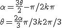  \alpha= \frac{3\theta}{2} - \pi/2 + k\pi
 \\ \theta =\frac{2\alpha} {3} + \pi/3 + k2\pi/3