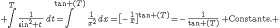  \int^{T}\,\frac{1}{\sin^2 t\,}\,dt=\int^{\tan (T)}\,\frac{1}{x^2}\,dx=\big[-\,\frac{1}{x}\big]^{\tan (T)}=-\,\frac{1}{\tan (T)}\,+\text{Constante}. 